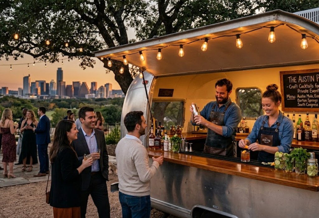 Mobile airstream bar with bartenders serving guests at an outdoor Austin event with the city skyline glowing at sunset
