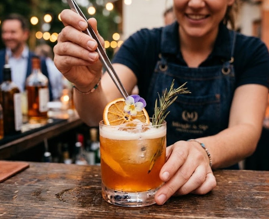 Bartender garnishing a cocktail