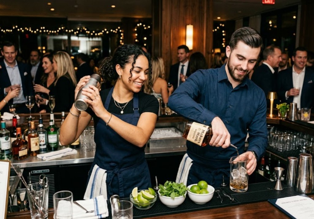 Male and female Austin bartender team working together at a formal event — shaking and pouring cocktails for guests
