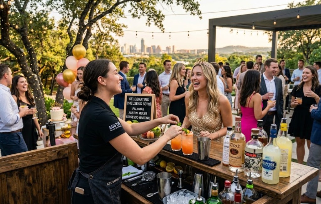 Austin bartender handing a signature cocktail to a birthday guest at an outdoor party overlooking the Austin skyline
