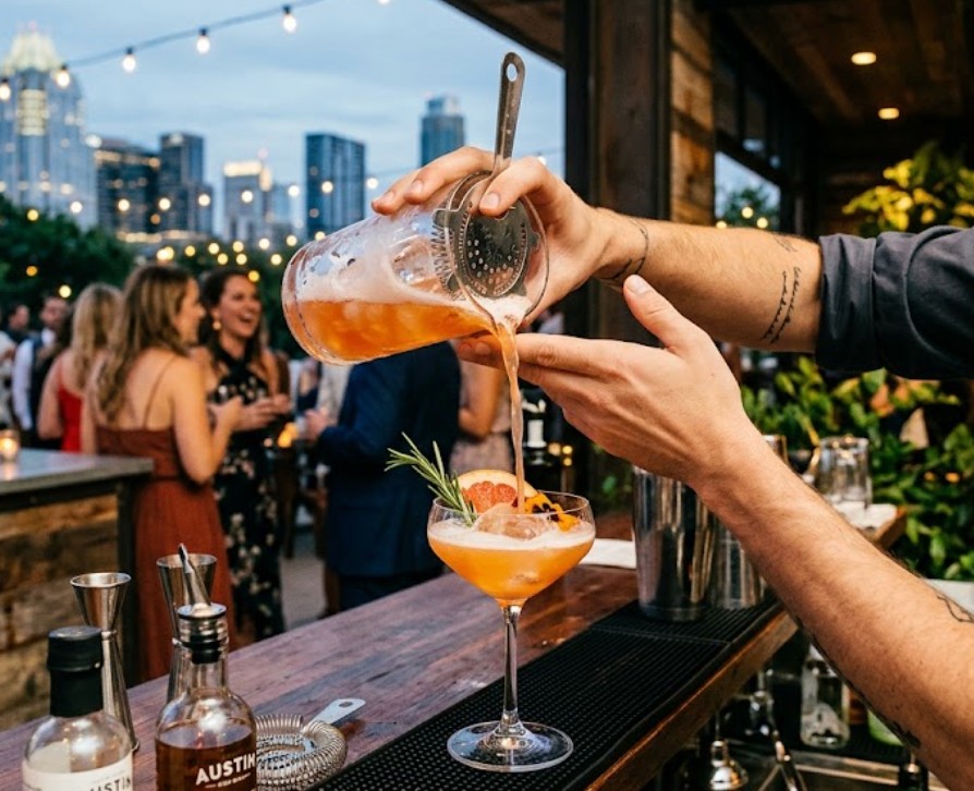 Bartender pouring an orange craft cocktail into a garnished coupe glass at an Austin rooftop event with skyline and string lights