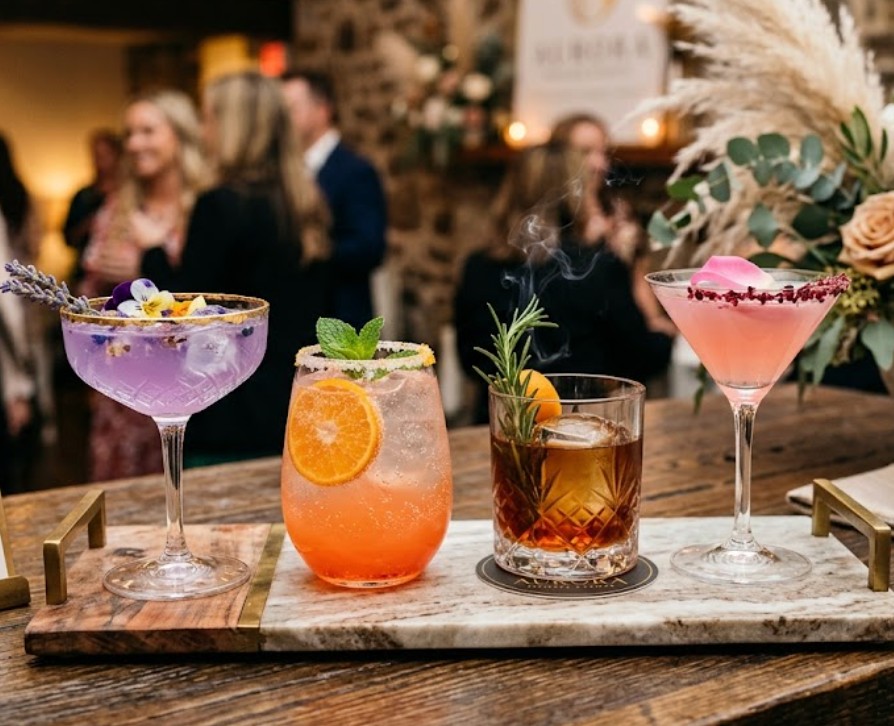 Four signature craft cocktails on a marble serving tray at an upscale Austin private event