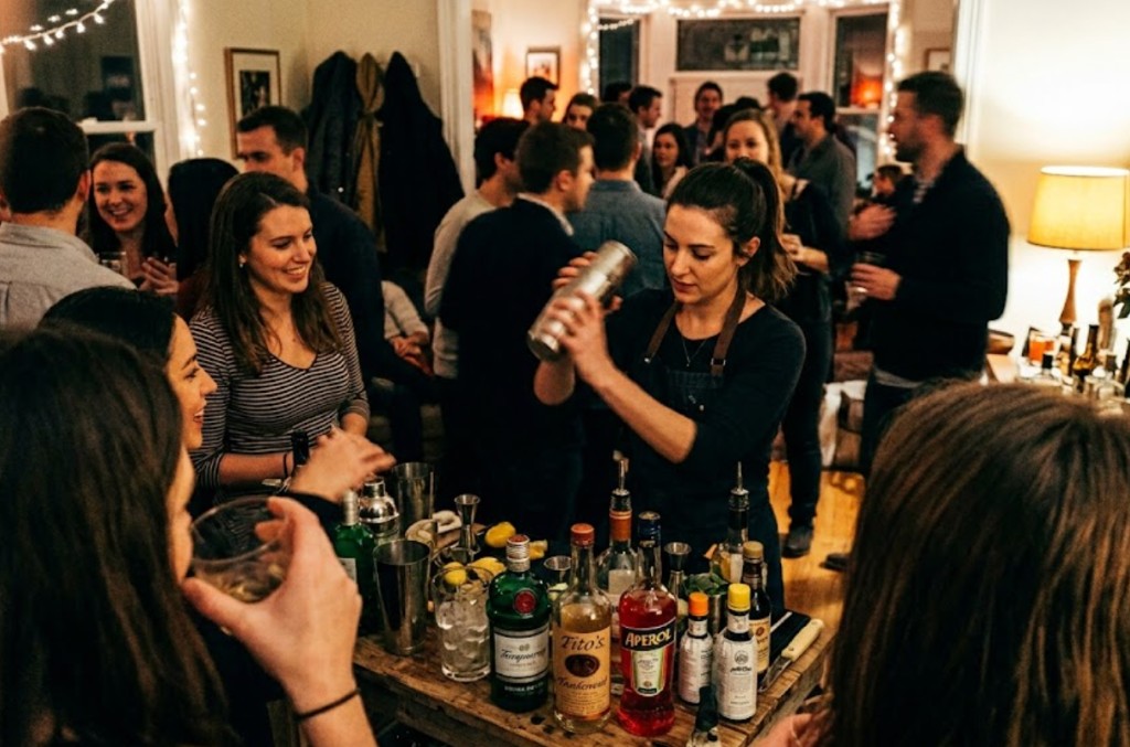 Female bartender shaking cocktails for a crowd at an Austin indoor house party with warm string lights