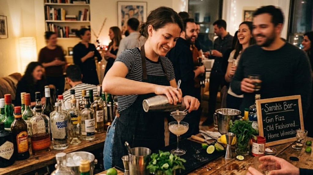 Austin bartender pouring a martini at a private party bar with a custom cocktail menu board for guests