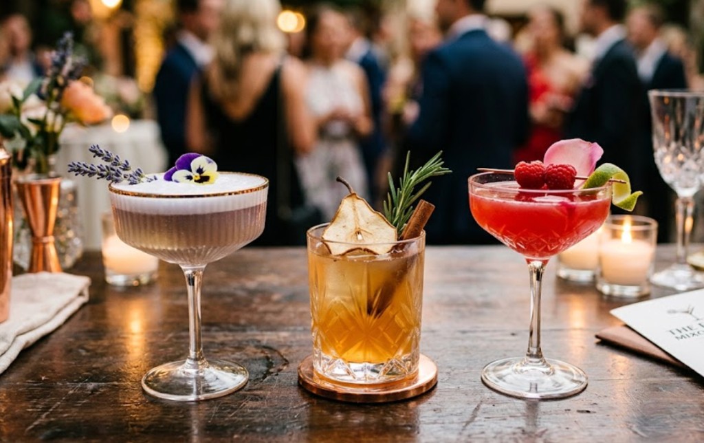 Three signature cocktails on a wooden bar
